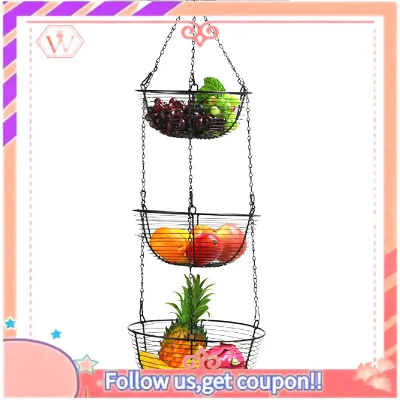 

3-Tier Wire Basket Fruit Organizer Kitchen Basket Heavy Duty Wire Organizer With Wire Metal Ceiling Hooks-Black