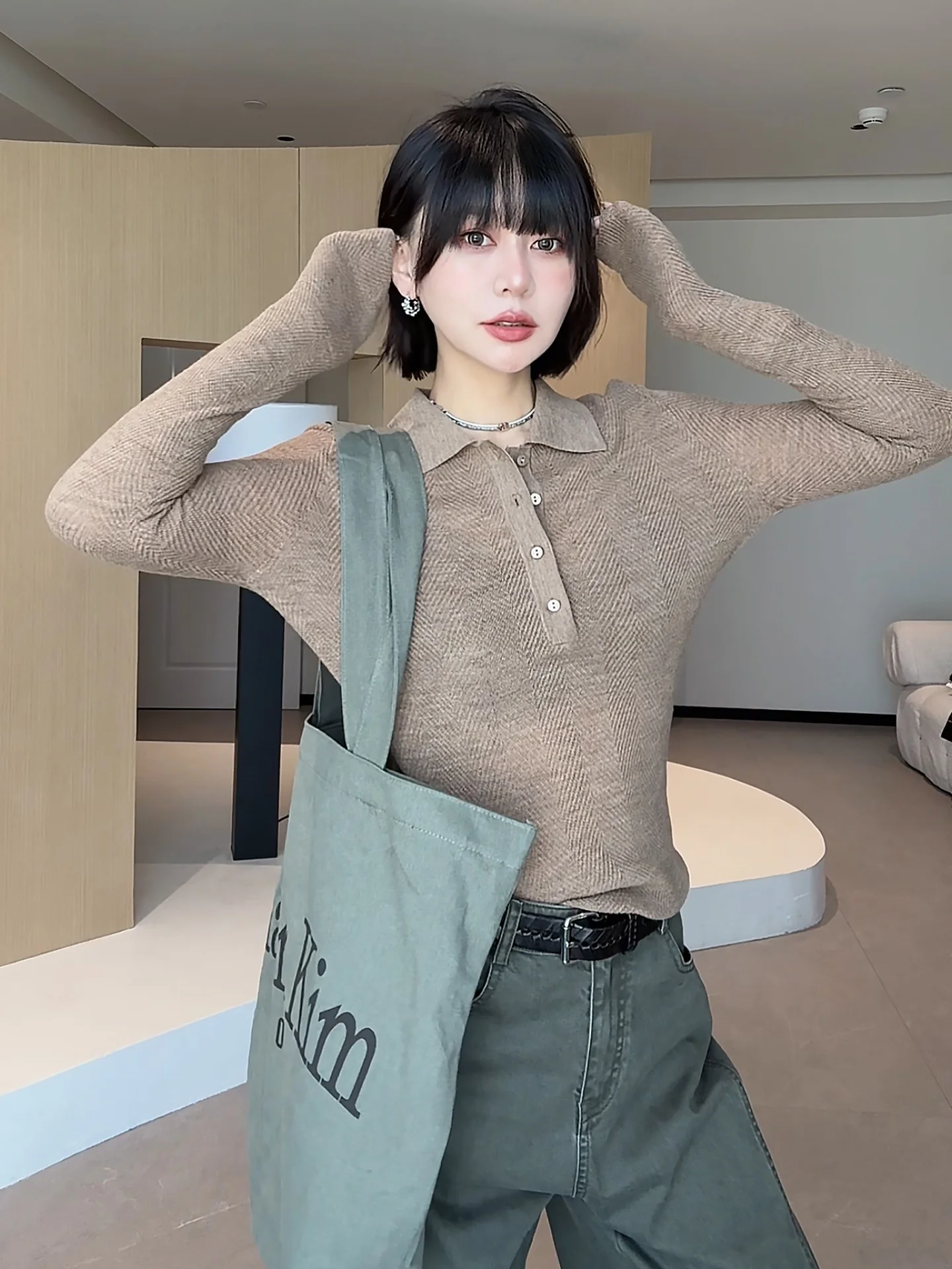 

Slimming Color Long Sve Knit Top Simple Luxury Base Layer irt Commute Sle Korean Version Straight Cut Knittedwear