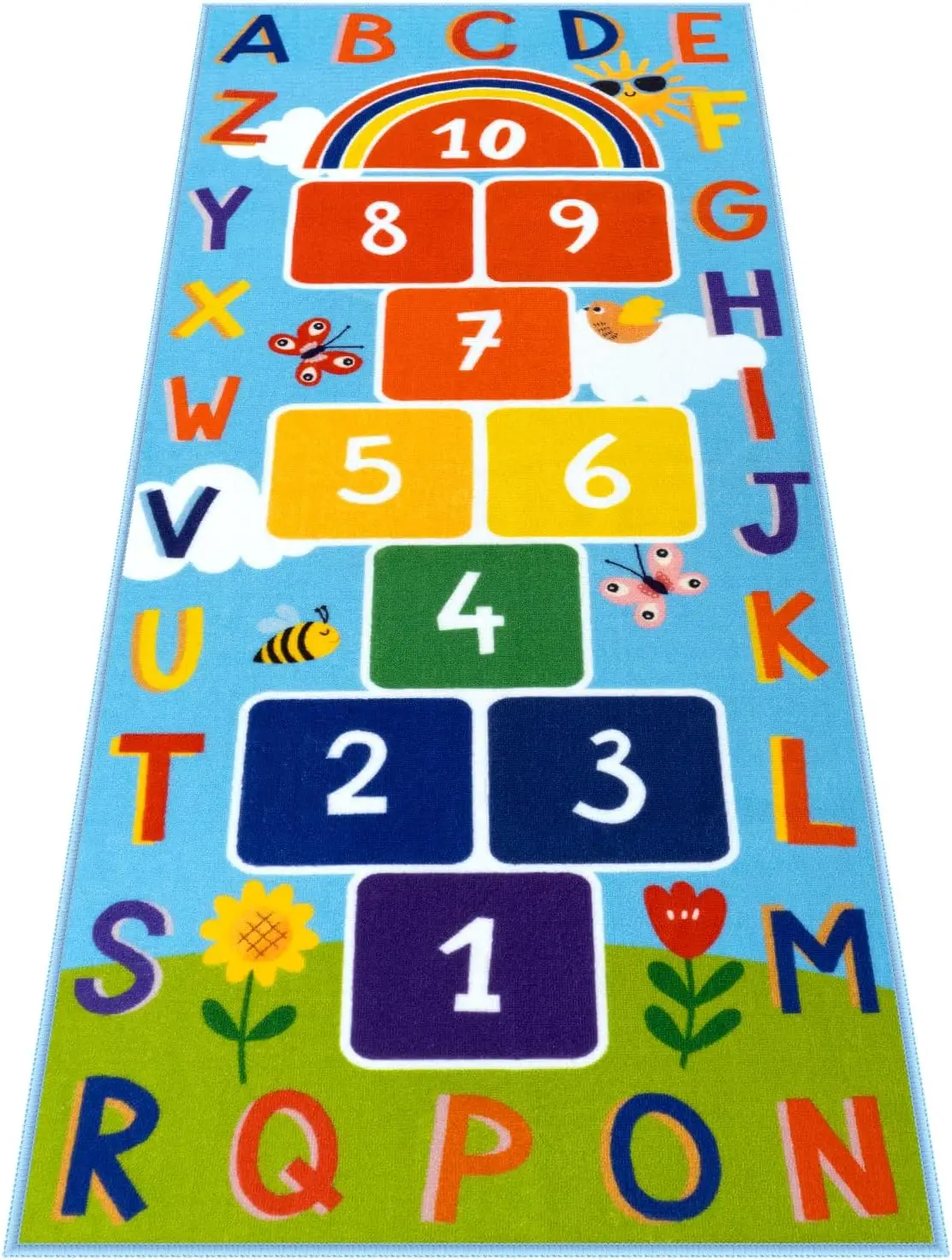 Alfombra de Juego Infantil Colorida con Diseño de Hopscotch, Divertida Alfombra Educativa Antideslizante y Lavable con el Abecedario y Números para Sala de Juegos, Guardería y Jardín de Infancia