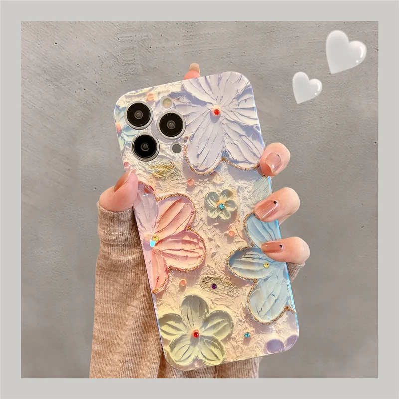 Fashion Flowers Glitter Laser Phone Case For iPhone 16 Pro Max 15 14 13 12 11 X XS XR 7 8 Plus SE Luxury Soft Shockproof Cover