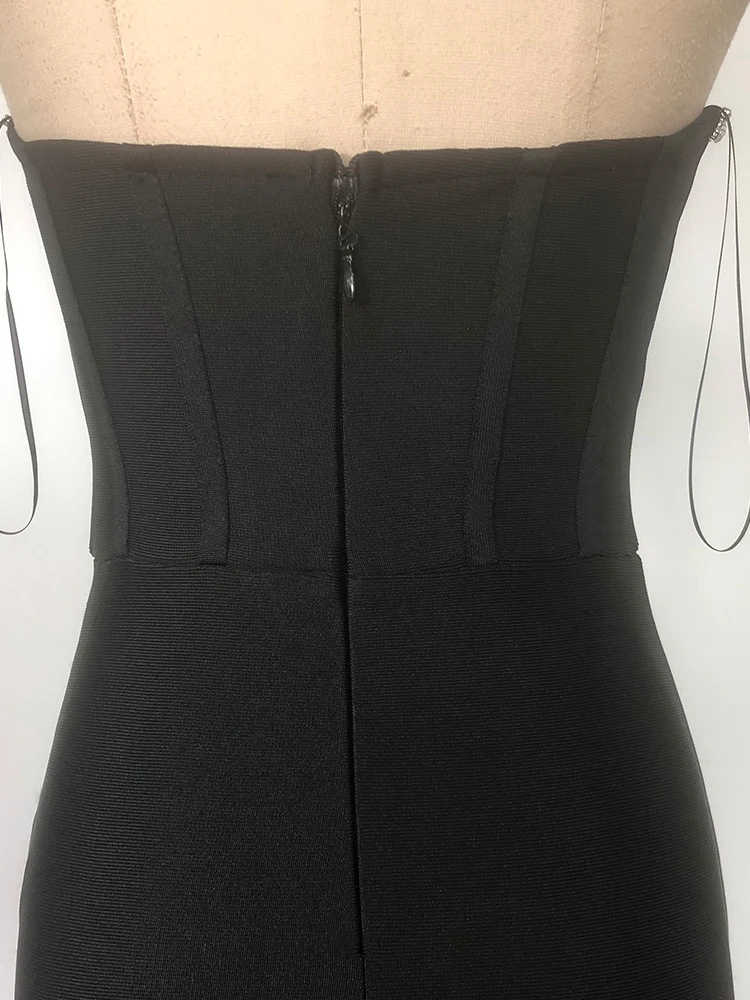 Robe Corset noire élégante avec jupe en maille transparente, robe de soirée perlée sans bretelles pour femmes, sans manches, dos nu, robes transparentes