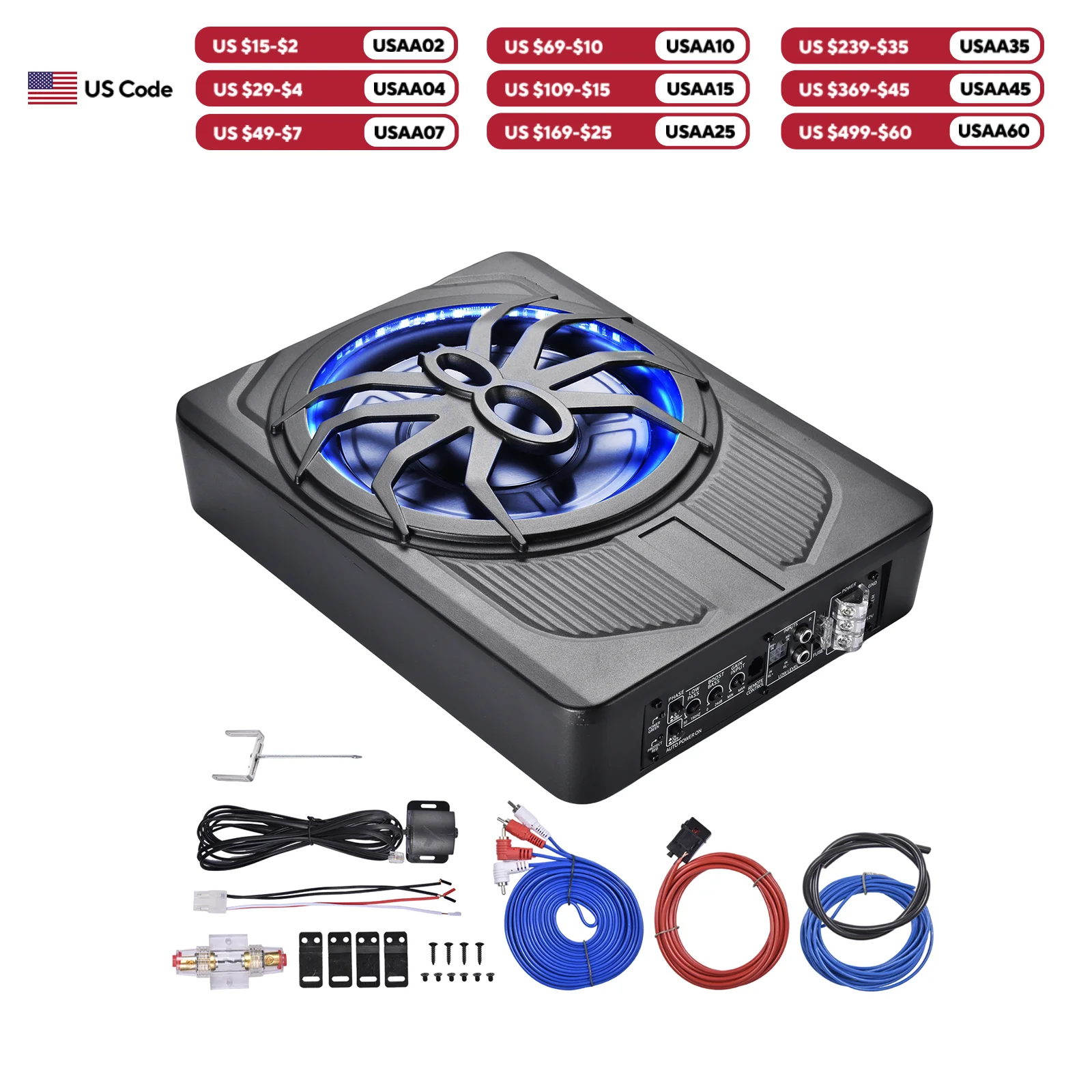 10-Zoll-Aktiv-Subwoofer für LKW, 140W, schlankes Profil, Verstärker-Kombination mit blauer LED-Beleuchtung für SUVs, Fahrzeuge mit Platzbeschränkungen