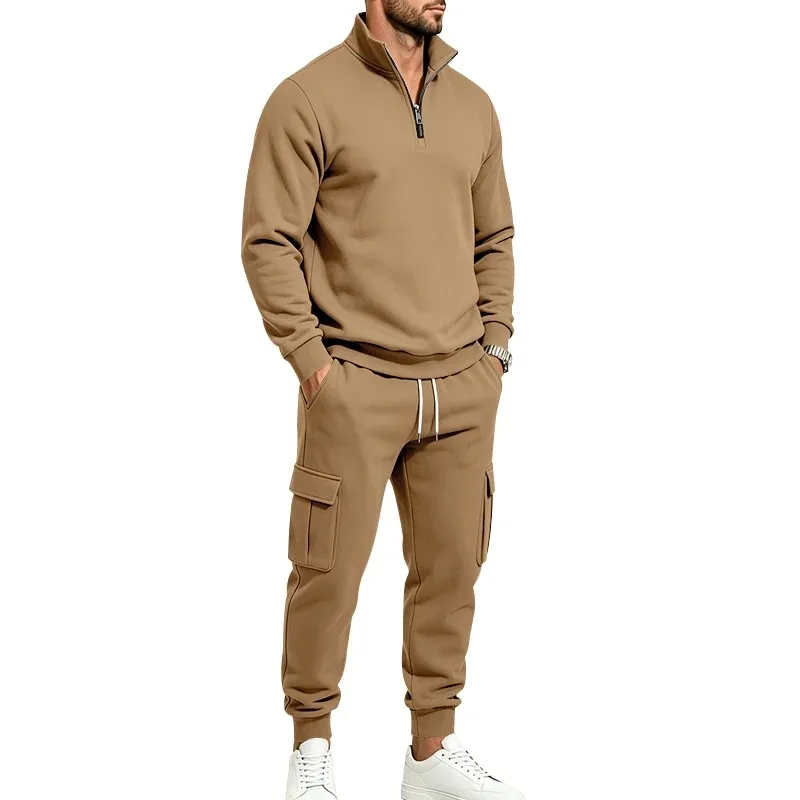 Men's Fall-Winter Two-Piece Outfit - 1/4 Zipper Stand Collar, Fleece-Lined, Warm Sports Suit, Long-Sleeved Top, Casual Pants view 3