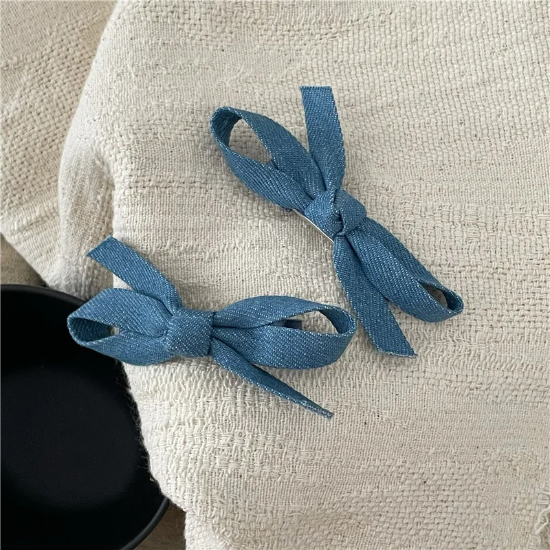 Fashion Personality Denim Blue Fabric Bow Barrettes a Pair of Hairclips Side Shredded Hair Bangs Clip Duckbill Clip New