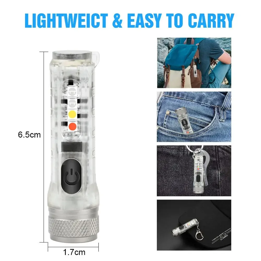 1-5PCS Mini Keychain Flashlight TYPE-C Fast Charging Multi-function Waterproof Fluorescent Magnetic Warning Camping Flashlight