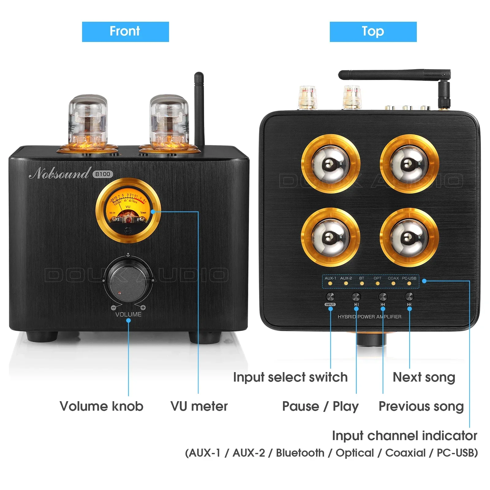 Douk Audio B100 Vacuum Tube Integrated Amp Bluetooth 5.0 Receiver Coaxial / Optical Power Amp USB DAC Headphone Amp w/VU Meter