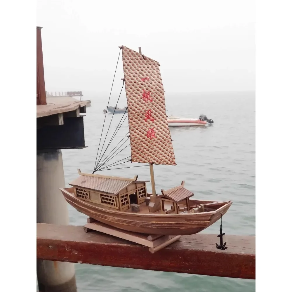 Smooth sailing, model ornaments, wooden boats, small awning boats, fishing boats, Chinese retro boat ornaments, floating into th