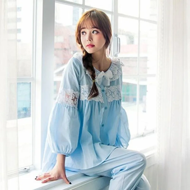 2023 New Pure Cotton Lace Pajamas Women Autumn Long-sleeved Solid Color Pajamas Set Round Neck Spring Home Clothes