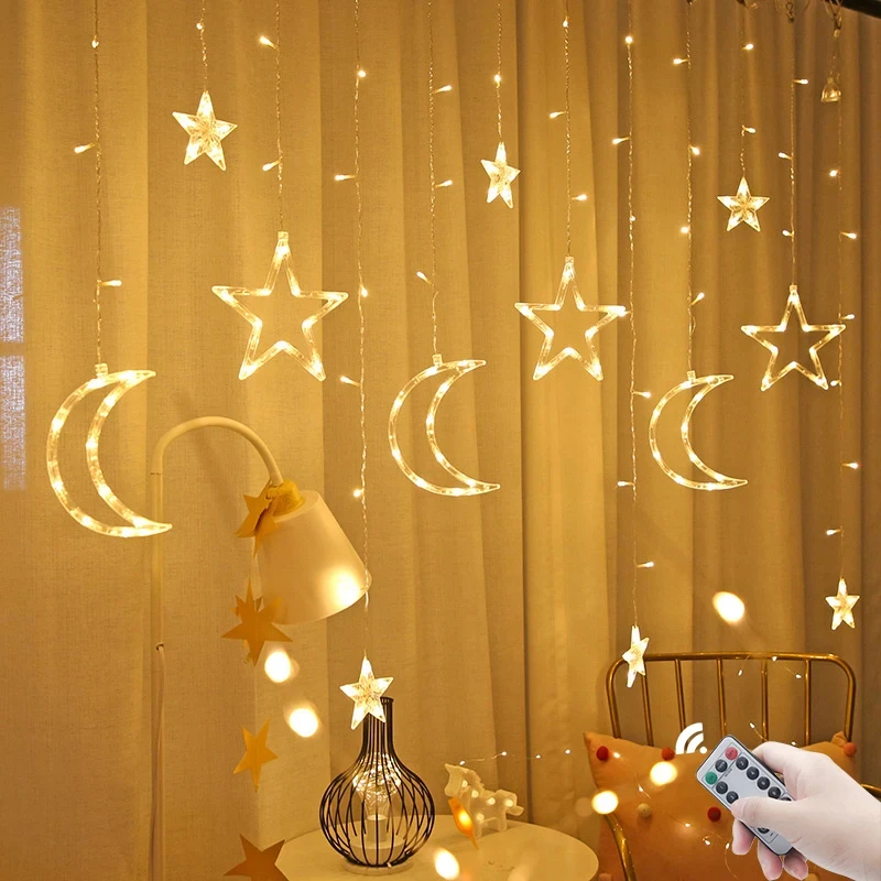 Star Moon Led Curtain Garland String Light EID Mubarak Ramadan Decoration 2025 for Home 2024 Islam Muslim Event Party Decor Gift