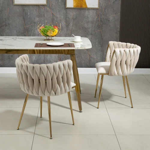 Moderne luxe fluwelen eetkamerstoelenset met gouden metalen poten, elegant en geweven ontwerp en zachte kussens (set van 2)