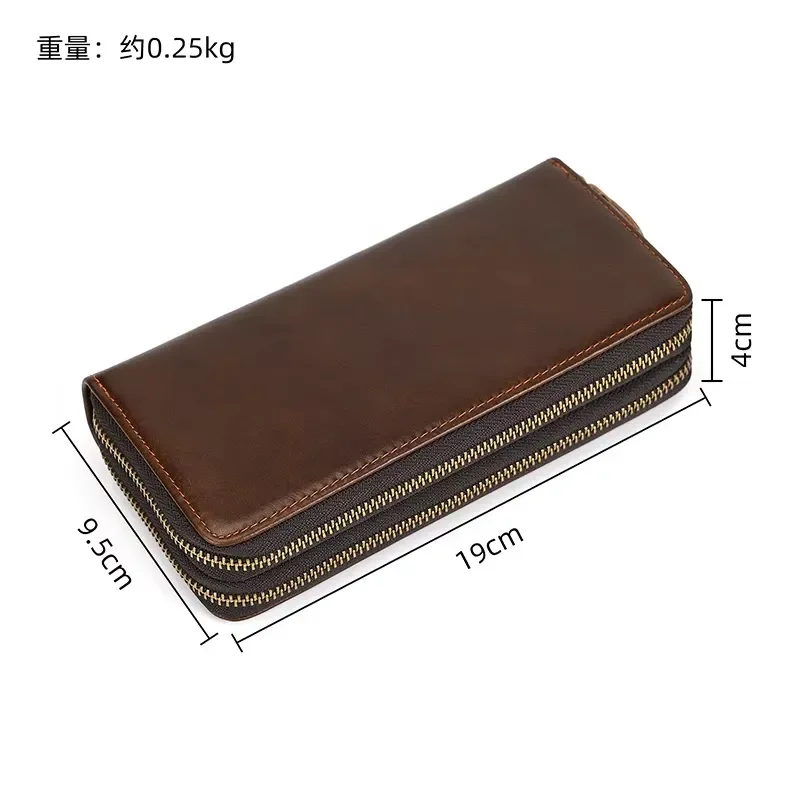 Men Vintage Genuine Leather Long Wallet Large Capacity Double Layer Zipper Coin Purse Waterproof Top Layer Cowhide Handbag