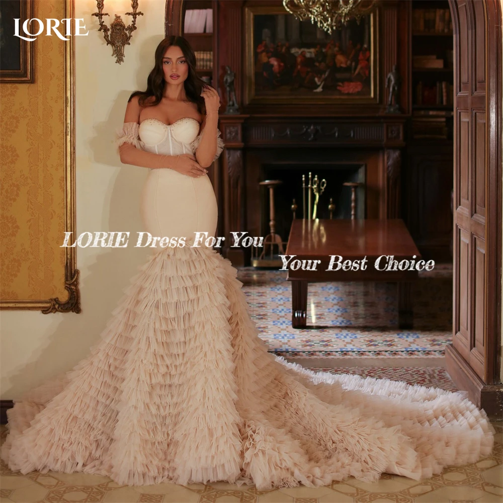 LORIE Classic Mermaid Wedding Dresses Ruched Off Shoulder Glitter Beadings Bodycon Bridal Gowns Tiered Ruffles Skirt Bride Dress