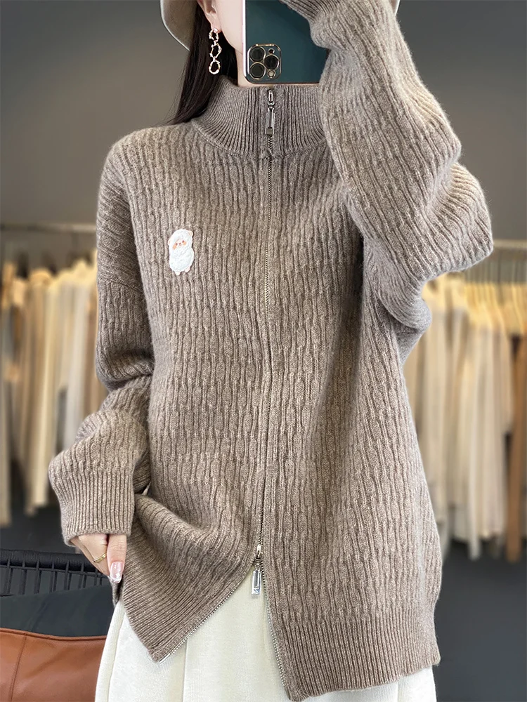 

100% Merino Wool Women's Cardigan With Lamb Towel Embroidery Cozy Autumn Winter Turtleneck Stand Collar Sweater With A Zipper