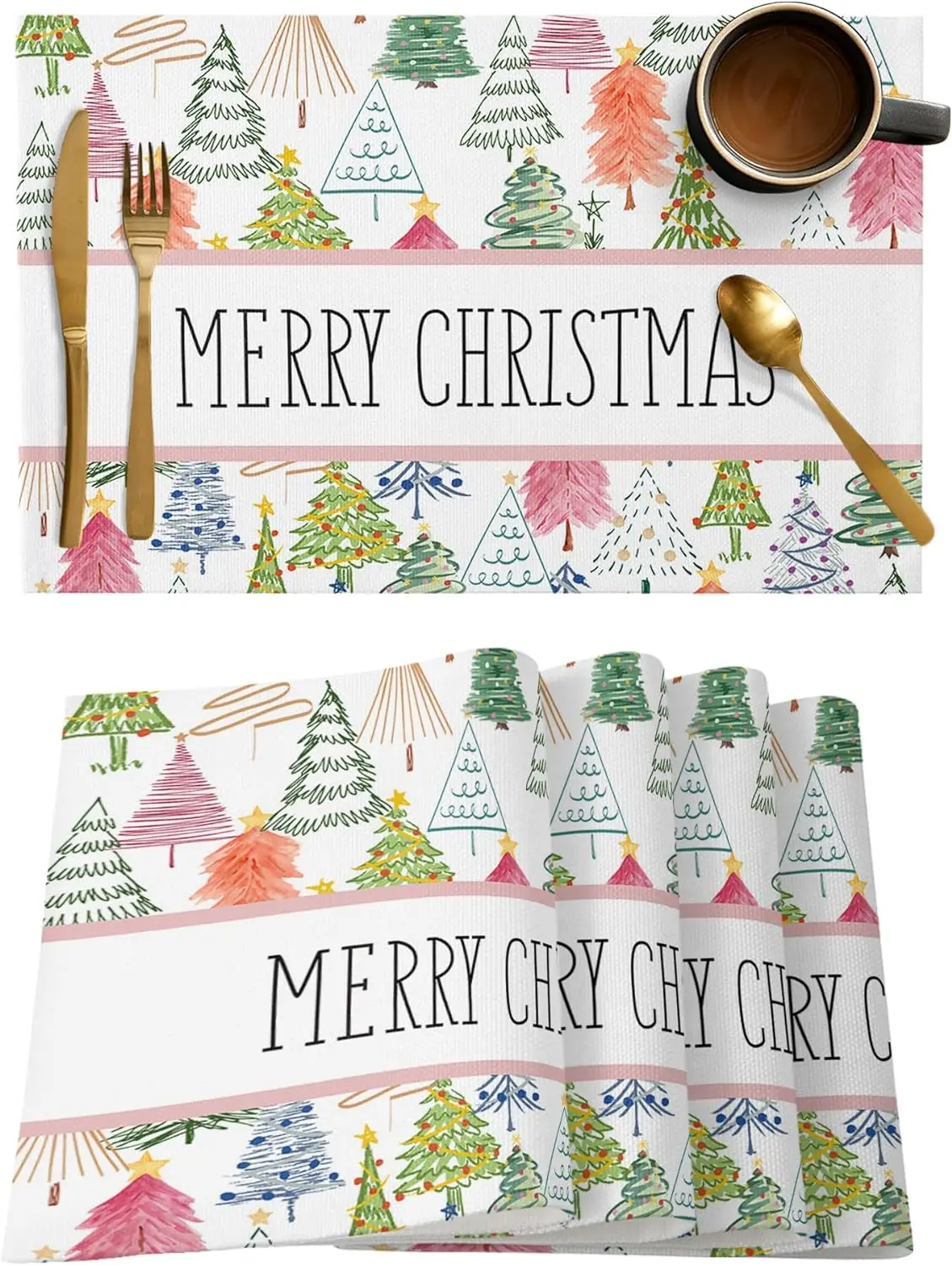 

Place Mats Set of 4 Washable Colorful Christmas Trees Watercolor Xmas Tree Heat-Resistant Placemats for Dining Table 18x12 Inch