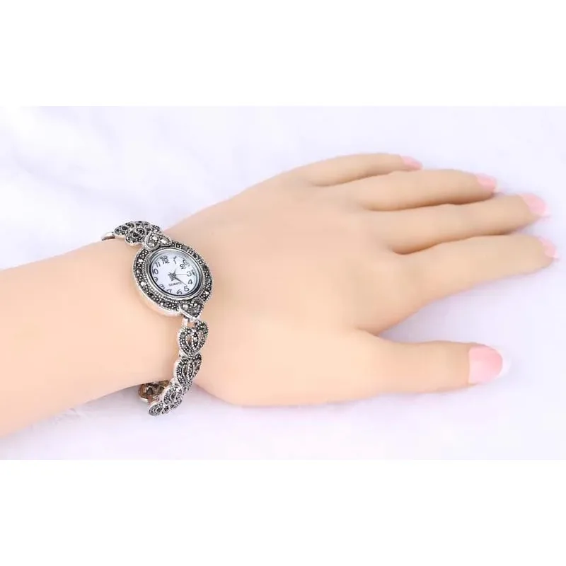 นาฬิกาควอตซ์กำไลพลอยเทียมแฟชั่นวินเทจหรูหราสำหรับสุภาพสตรีผู้หญิงหญิงสาวสร้อยข้อมือความรักสไตล์โบฮีเมียน