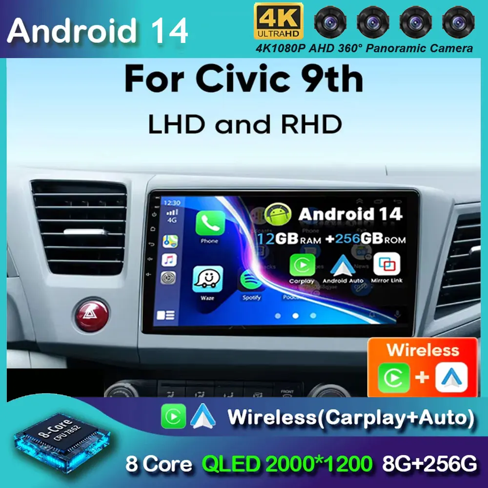 

Android 14 9 inch For Honda Civic 2011-2013 2014 2015 WIFI Car Radio Multimedia Video Stereo Player Navigation GPS CarPlay WIFI