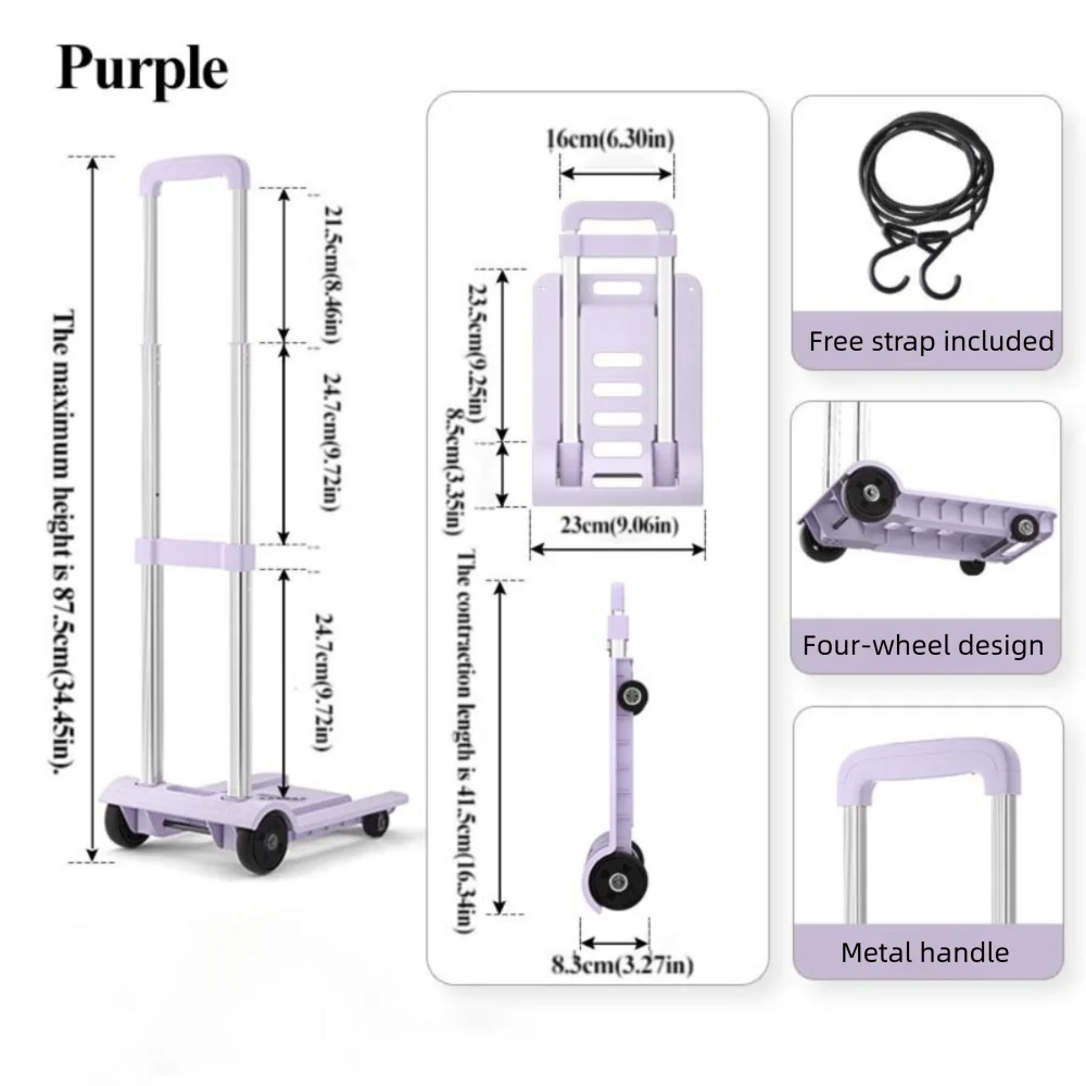 

New 4 Wheel Folding Shopping Cart Lightweight Adjustable Foldable Trolley Bearing Push Pull Compact Size Luggage Trolley 4 Wheel