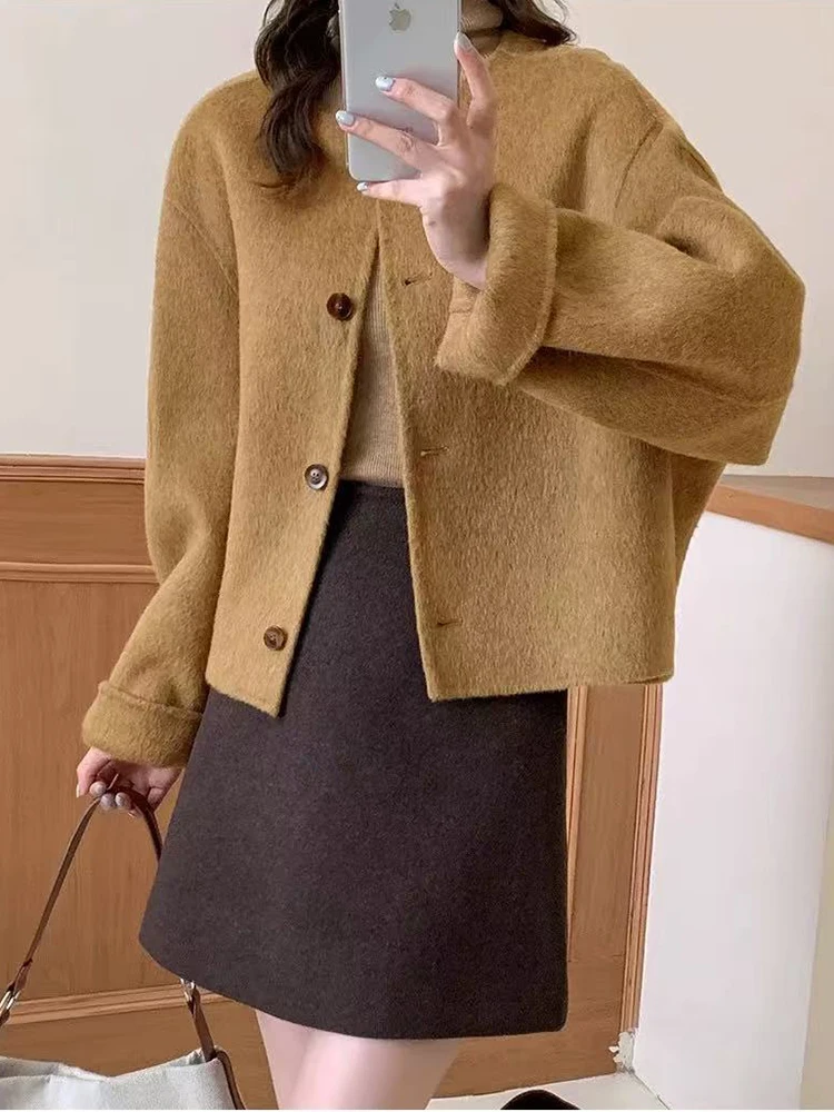 여성용 인조 울 코트 한국 스타일 우아한 루즈 싱글 브레스티드 크롭 재킷 봄 럭셔리 오피스 레이디 올 매치 블렌디드 아우터웨어