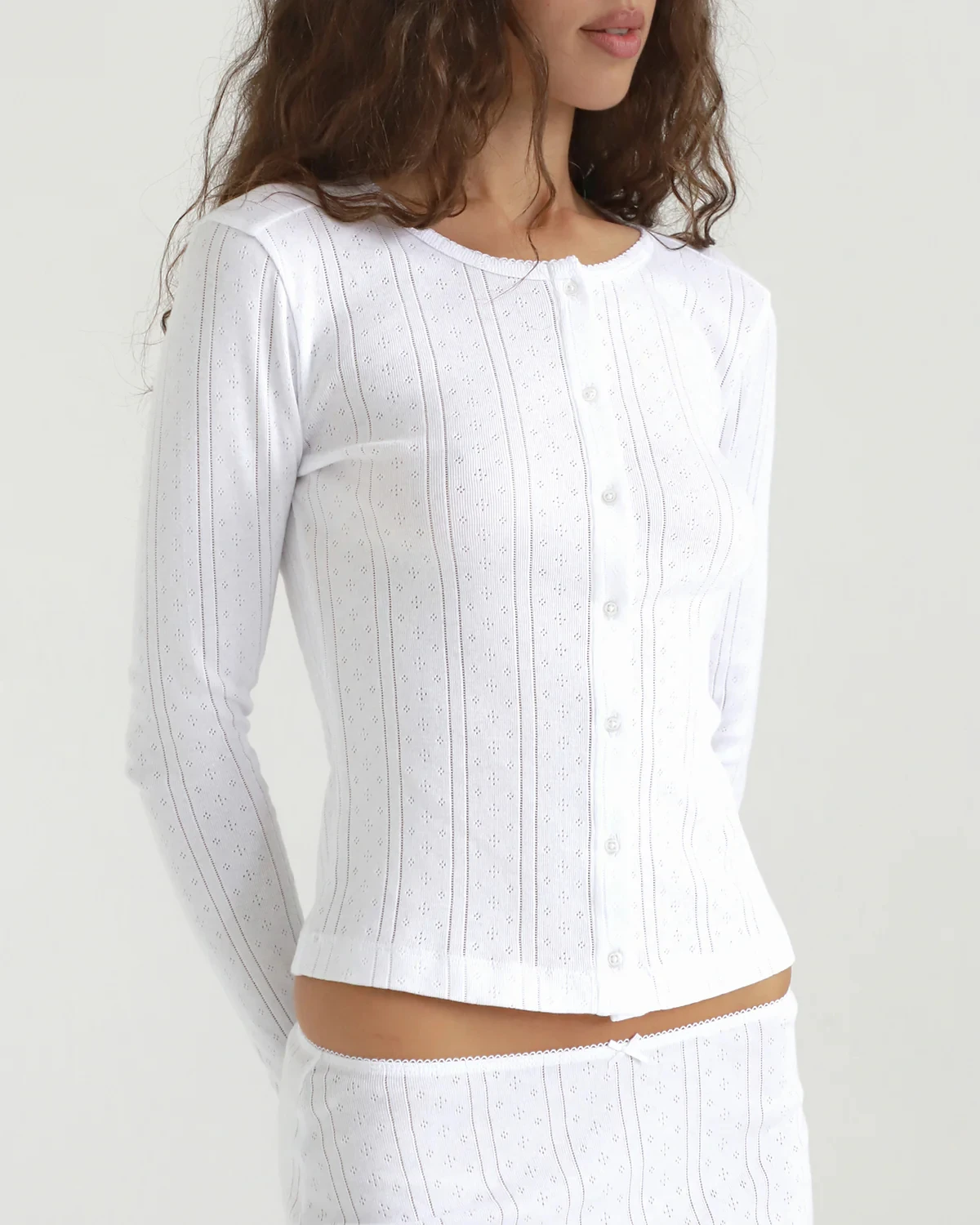 Cou French-Style Hollow-Out Vertical Striped Knit Cardigan, Lace-Trimmed Round Neck Slim-Fit Short Long-Sleeve Top, Single-Breasted Slim-Fit Short Long-Sleeve Base Layer Top, Waist-Cinching Slimming S image 6