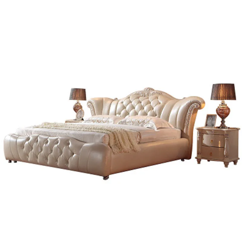 

European double bed, master bedroom luxury, first layer cowhide leather bed