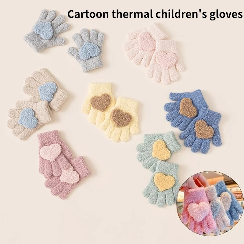 Heiße verkaufende warme Winterhandschuhe für Kinder, dicke Strickhandschuhe, Fünf-Finger-Split, kältebeständig, herzförmige Cartoon-Handschuhe