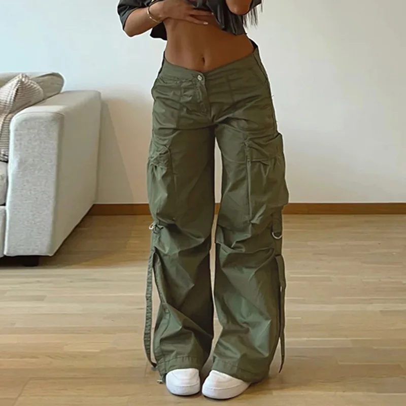 

QWEEK Baggy Cargo Pants Women Vintage Parachute Low Waist Harajuku Wide Leg Pants Y2k Streetwear Casual Pockets Joggers Trousers