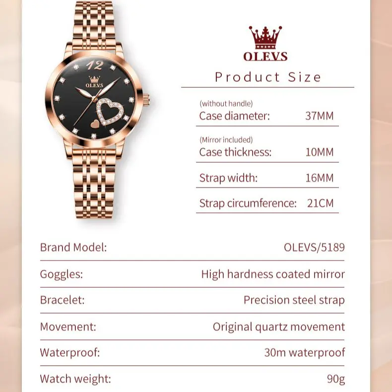 OLEVS 5189 Original Quartz Women Watch Stainless Steel Strap Diamond Heart Design Quartz Watch for Women Elegant Ladies Watch