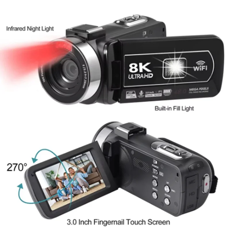 Video Camera 3 Inch LCD Touch Screen 60FPS/64MP 18x Digital Zoom Camera Recorder Ultra HD WIFI Portable Recording Camcorder