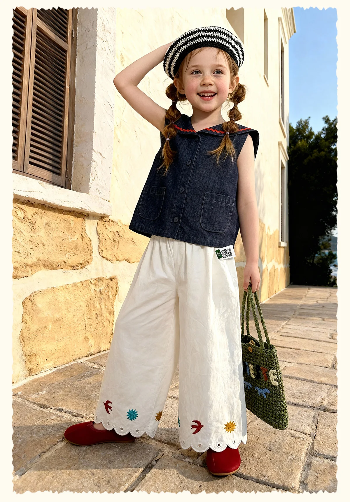 Amila 2026 Sommer Neue Kinder-Freizeithose mit Blumen- und Vogelstickerei, lockerer, lässiger Stil, einfarbig, weites Bein – Detail 11