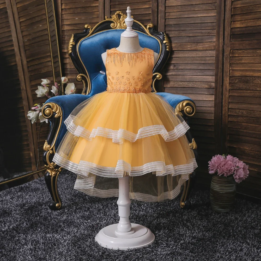 4 Colors 110cm-160cm New Style Children Princess Trailing Dress Baby Girl Lace Performance Wedding Party Vestidos