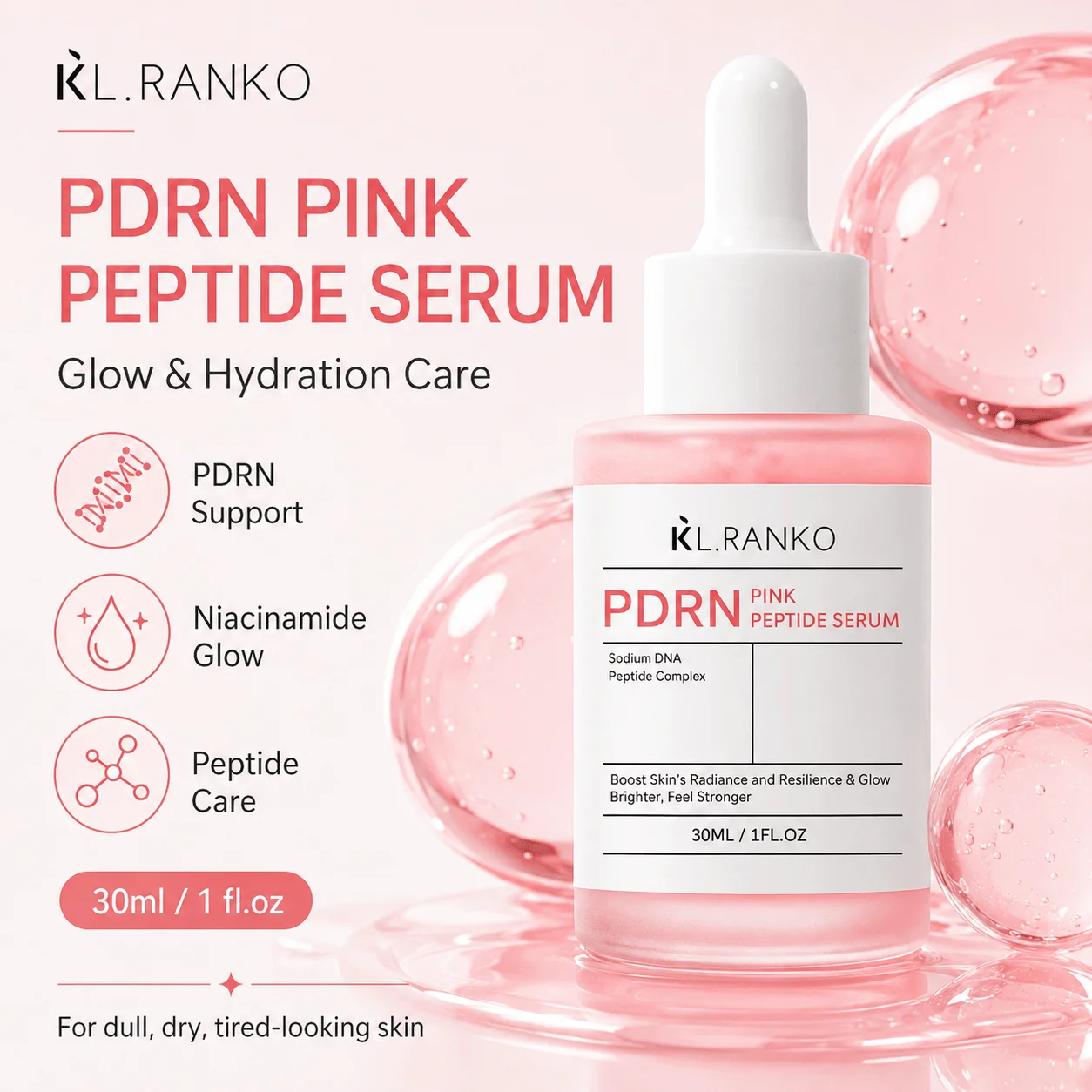 KL.RANKO PDRN Pink Peptide Serum with Salmon DNA | Pink Glow Serum - PDRN, Collagen & Peptides for Hydration, Even Skin Tone & Brighter-Looking Glow, Peptide Serum for Face, Korean Skin Care, 30ml/1.01 fl.oz