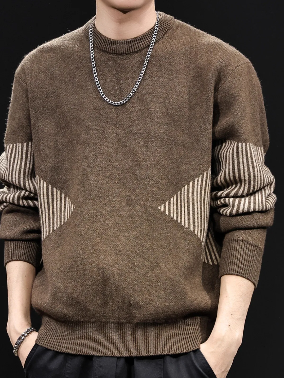 

Мужской свитер крупной вязки из полиэстера, теплый, модный, в полоску, больших размеров, для зимы, весны и осени