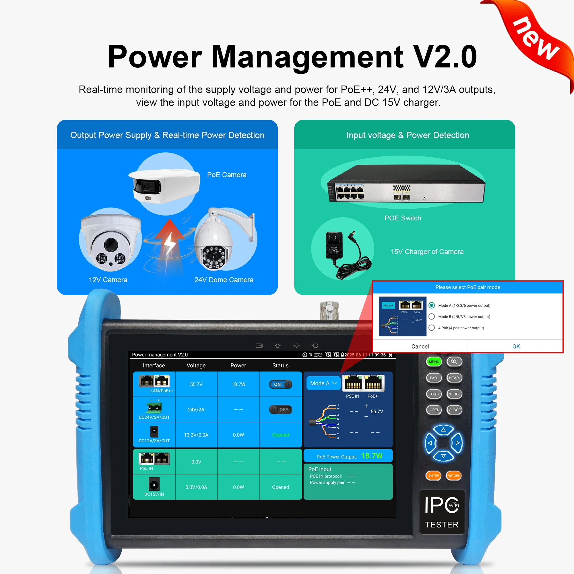 WANGLU 7 inch IPS touch screen 8K H.254 IP Analog AHD CVI TVI SDI Cable Tester in one CCTV Tester