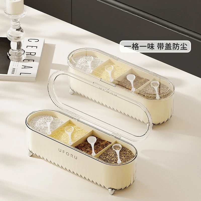 

Multi Compartment Spice Box with Spoon Kitchen Countertop Storage Waterproof Food Grade Seasoning Container