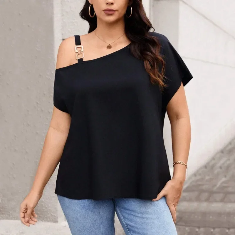 

Women 2025 Spring New Style Elegant Single Shoulder Button T-shirt In Solid Color Slim Fit Top