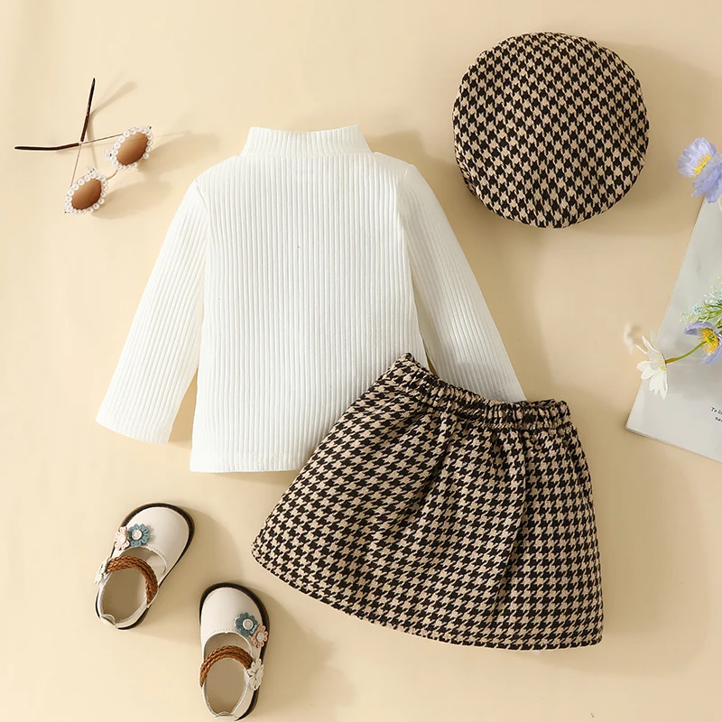 Infant Toddler Baby Girls Long Sleeve Shirts Knitted Sweatshirts Plaid Skirt Beret Fall Winter 2Pcs Outfits Set image 4