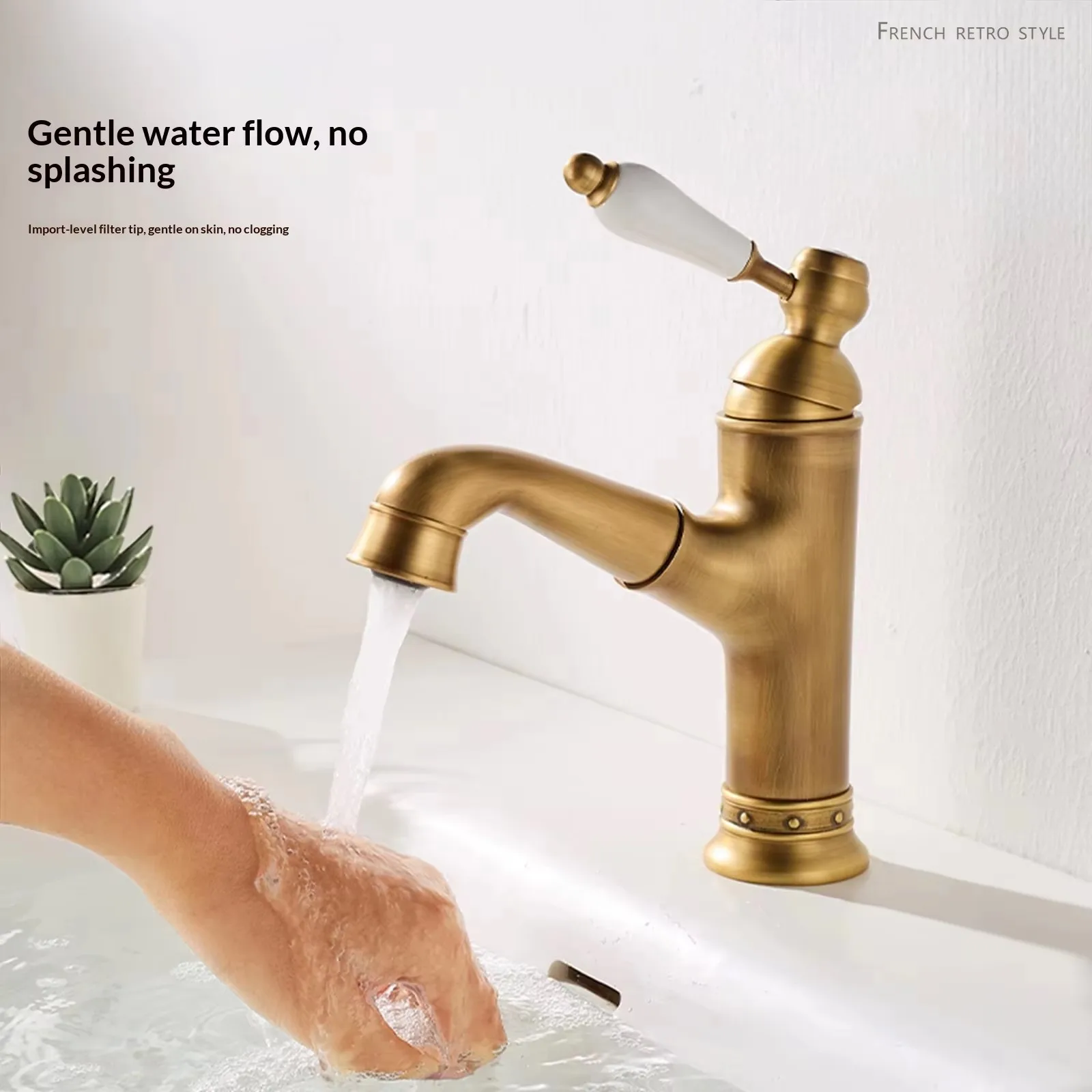 French-style Vintage Light Luxury Pull-Out Basin Faucet with Ceramic Valve Core Hot/Cold Bathroom Cabinet Washbasin AF1123