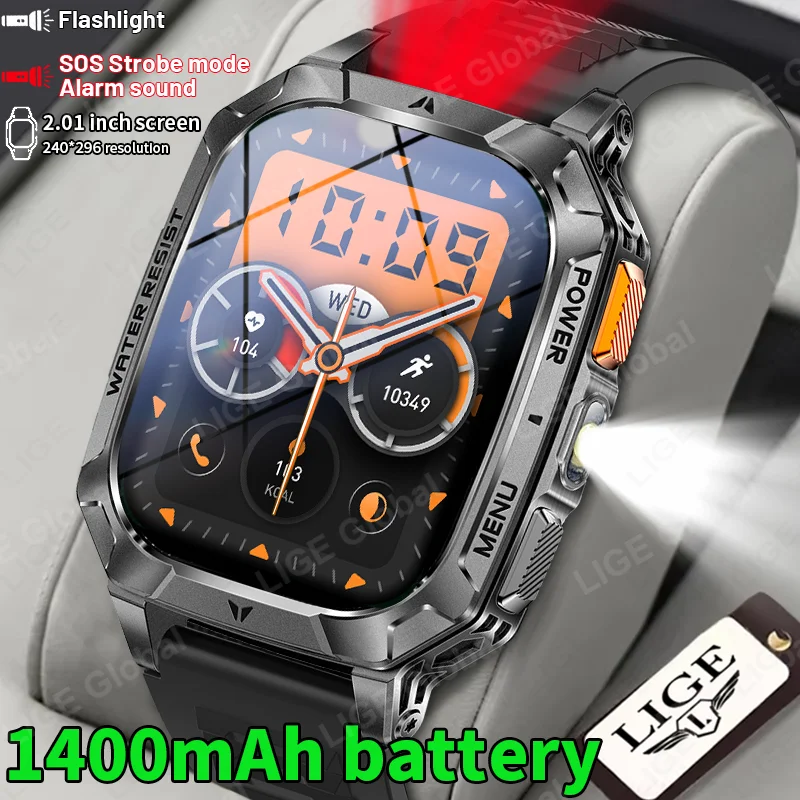 

LIGE New 1400mAh Battery Men Smartwatch Exercise Tracker IP68 Waterproof Sports Fitness Outdoor Military Flashlight Smart Watch