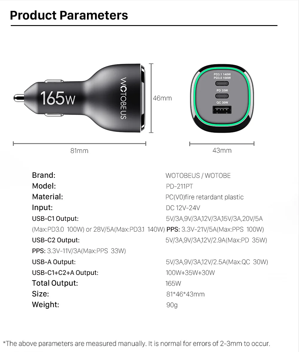 165W USB C Car Charger Adapter Super Fast Charging WOTOBEUS PD3.1 140W, PD3.0 100W PPS45W QC5 PD35W 30W for MacBook Pro 16" S22
