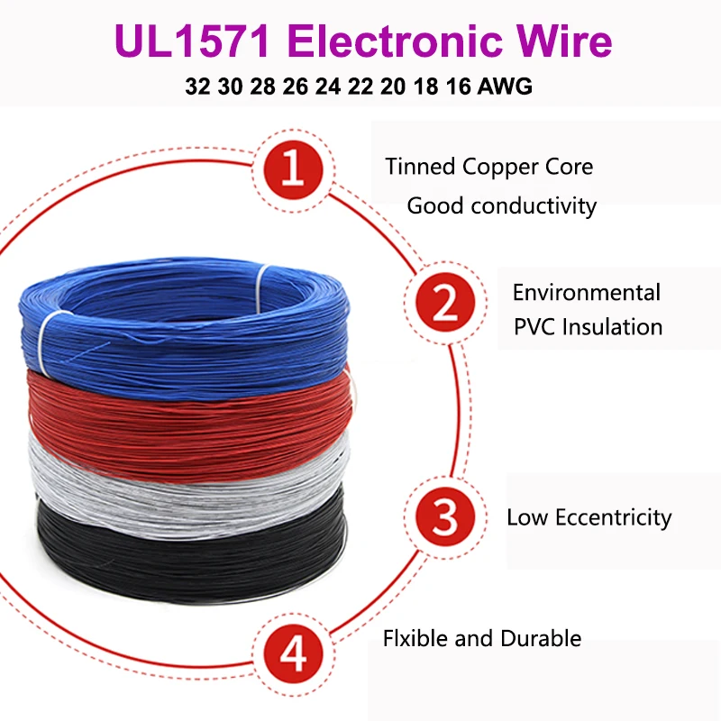 10/50M UL1571 Electronic Wire 32 30 28 26 24 22 20 18 16AWG Flexible PVC Insulated Tinned Copper Cable DIY Cord LED Line