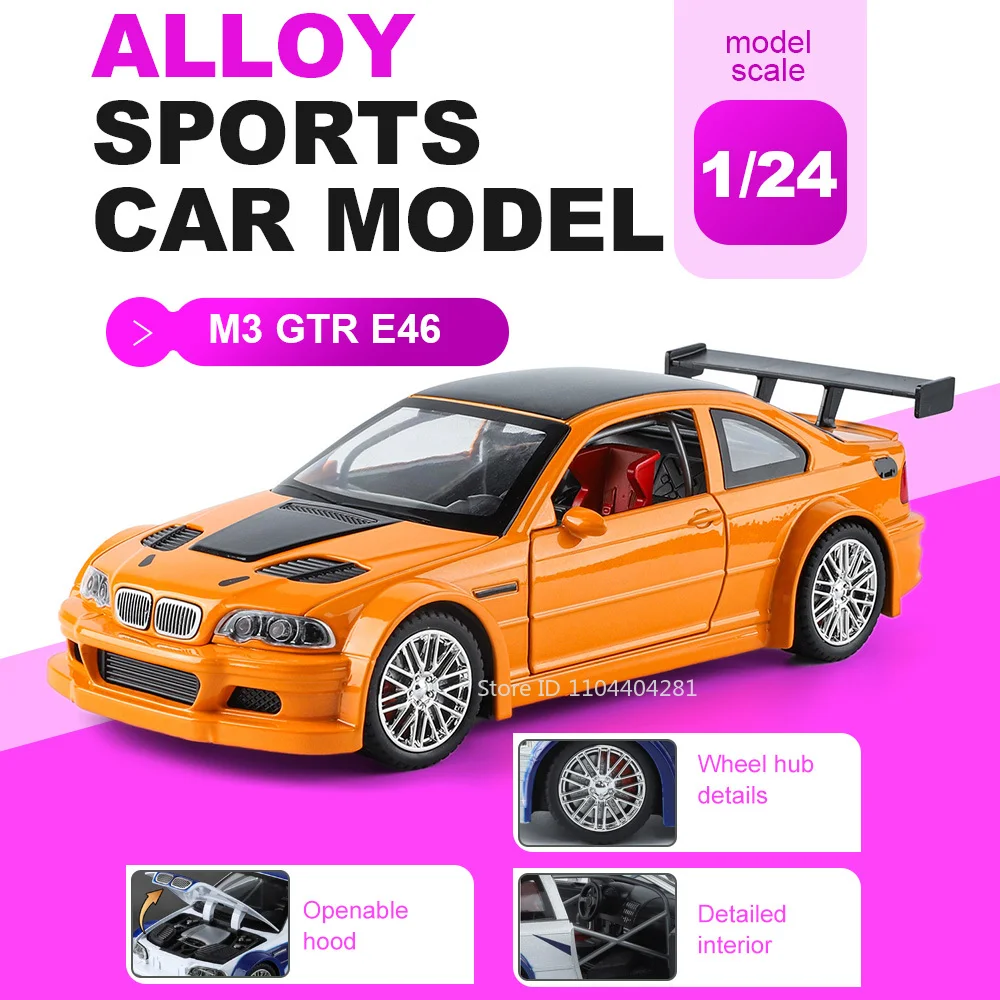 

1:24 M3 GTR E46 R34 Miniature Sportscar Model Alloy Diecast Toy Doors Opened Four Wheel Suspension Vehice Excellent Gift for Boy