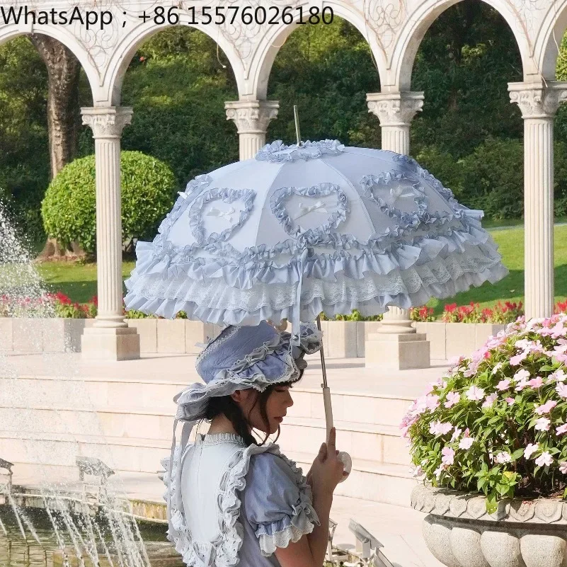Princess Heart Love Sunscreen Umbrella for Girls Color Matched Lace Straight Handle Birdcage Design Princess Umbrella