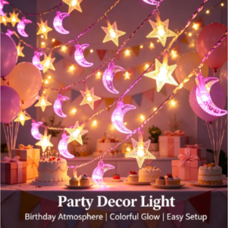 Colorful Star Moon String Lights - LED 1.5M/3M Starry Sky, Atmosphere for Living Room Outdoor Camping Garden Trunk Courtyard