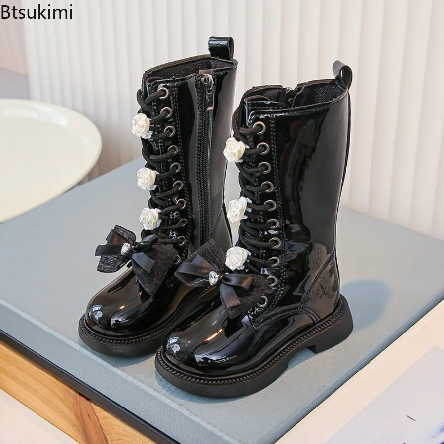 Girls Long Leather Boots Autumn Winter Soft Soled Ventilate Kids Fashion Princess Boots Bowknot Non-slip Outdoor Children Boots