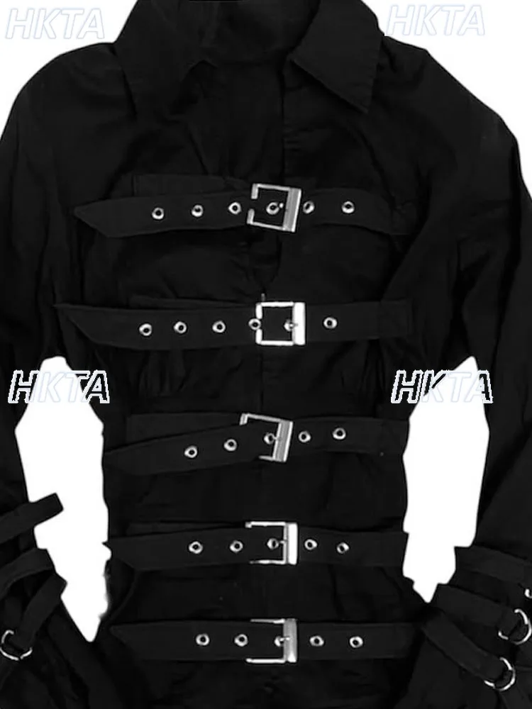 الظلام Y2K ثقافة فرعية قميص أسود بلايز المرأة الخريف جديد القوطي شارع العليا هالوين سليم التلبيب طويلة الأكمام حزام الساخن فتاة Blusas