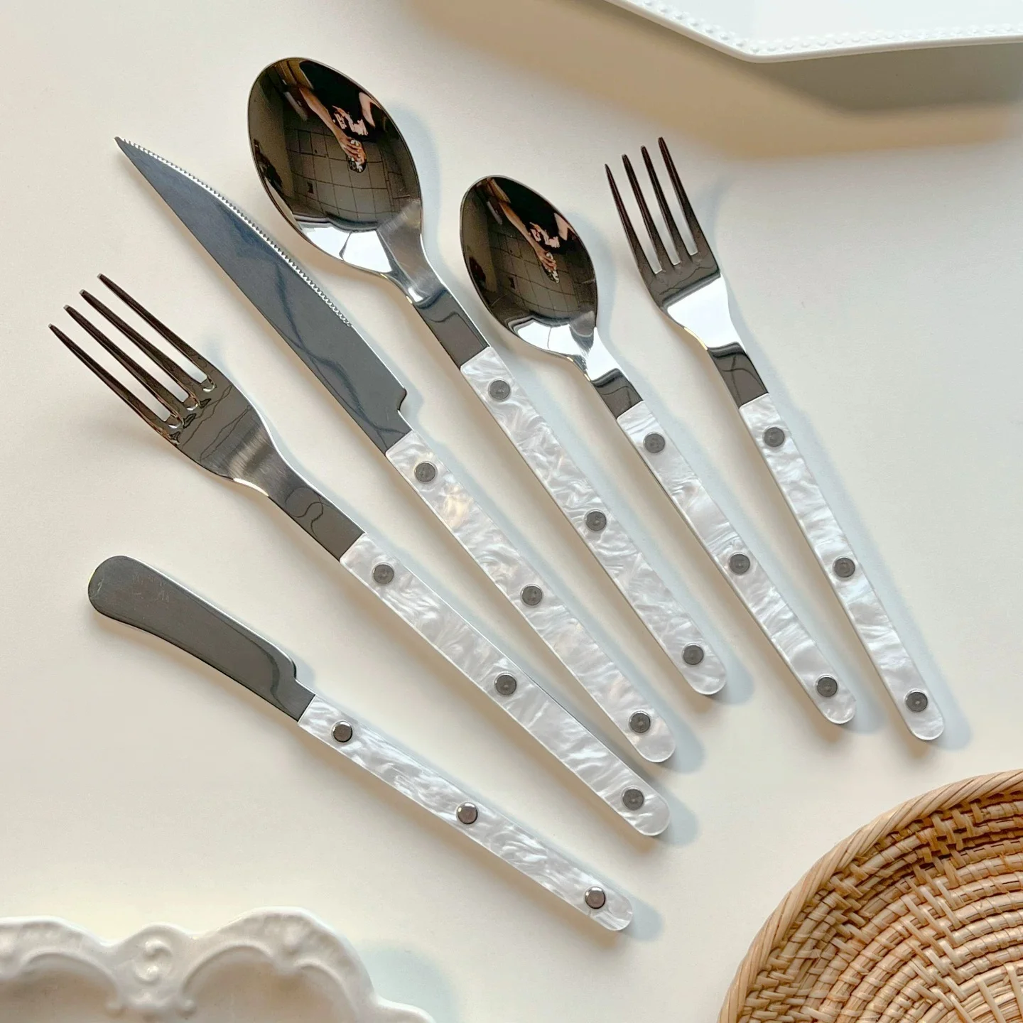 Shell Handle Cutlery Set, Korean Ins Style Stainless Steel Flatware, Steak Knife, Dessert Spoon, Cake & Fruit Fork for