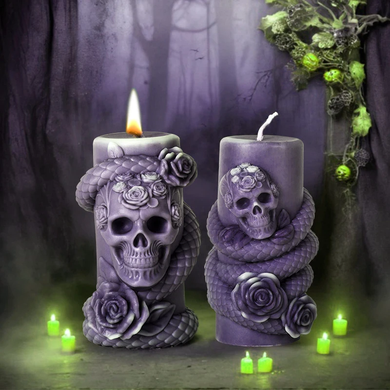 Skull Snake Cylindrical Candle Silicone Mold Halloween Candle Mold DIY Handmade Aromatherapy Gypsum Epoxy Resin Making Mould