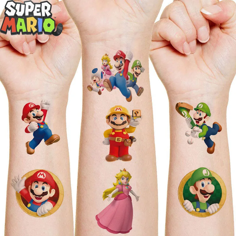 8styles Original Super Mary Series Tattoo Stickers Mario Bros Luigi Yoshi Anime Figure Cartoons Stickers Toys Kids Partys Gifts