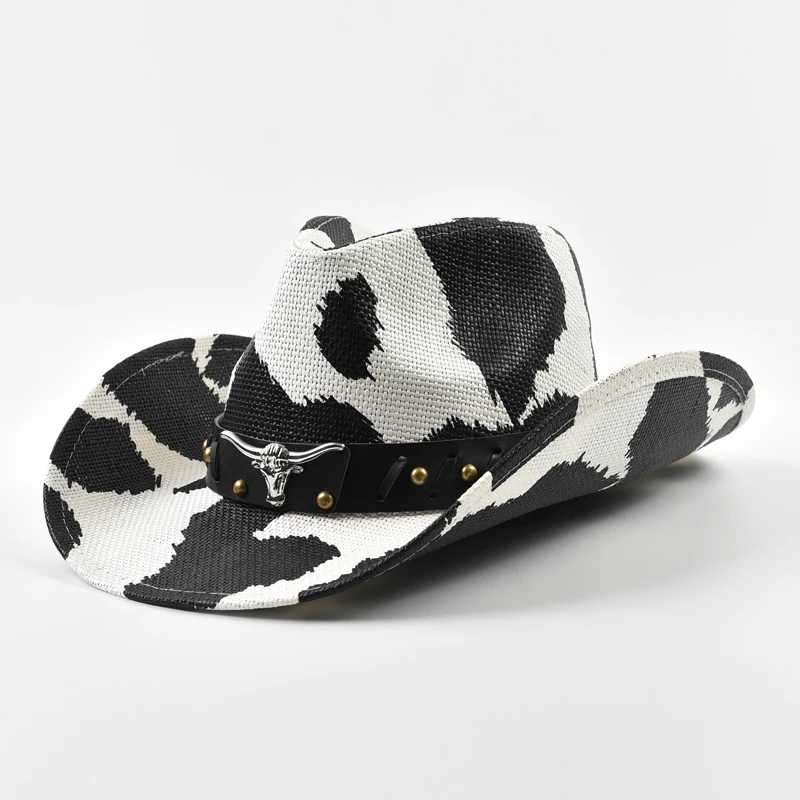 New Cow Pattern Straw Hat for Men's Women's Vintage Western Cowboy Hat Outdoor Beach Sun Hat