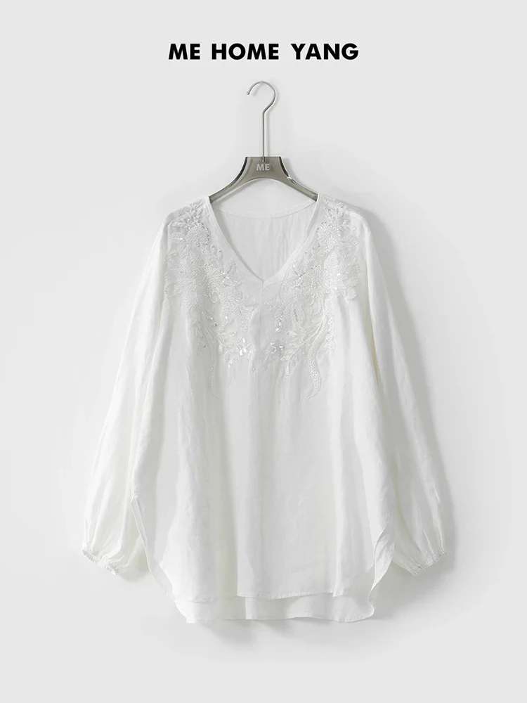 

Me Home Yang's Private Collection Linen Pearl Embroidery Sunade Top Women's Loose Fit Long Sve V-Ne Spring T-irt